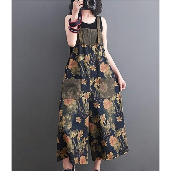 COWOKA Casual Boho Denim Bib Overalls Loose Wide Leg Jumpsuit Suspenders Sz M - Picture 1 of 11